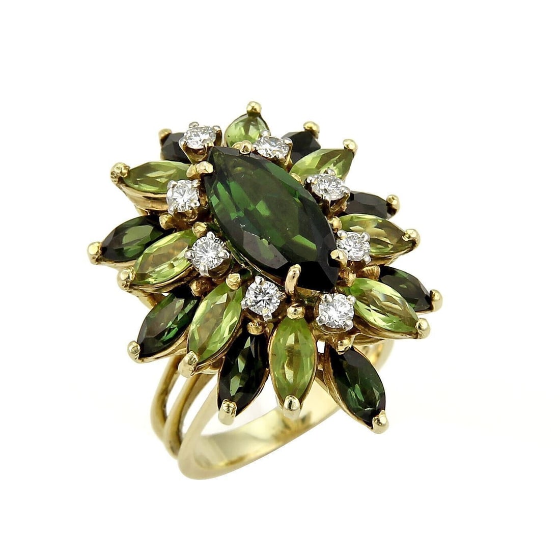 14k Yellow Gold Cluster Ring with Diamonds and Green Tourmaline Size 6.75: 14k Yellow Gold Cluster Ring with Diamonds and Green Tourmaline Size 6.75 This signed Le Triomphe cluster ring features a striking arrangement of green tourmaline and diamonds set in 14k yellow gold.