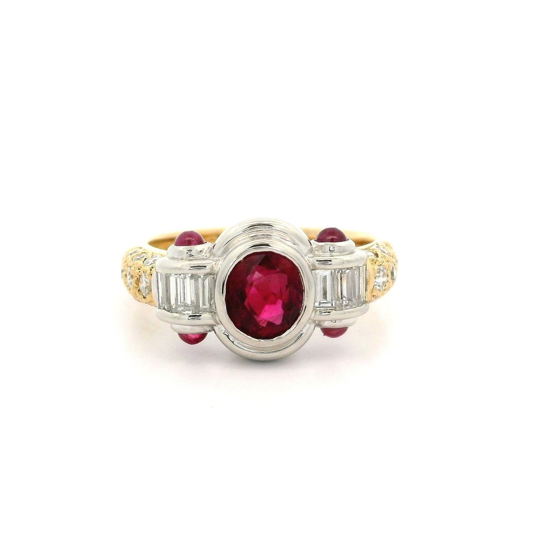 18k Yellow Gold Platinum GIA Certified 2.18ctw Ruby Diamond Band Ring: 18k Yellow Gold Platinum GIA Certified 2.18ctw Ruby Diamond Band Ring This stunning band ring is crafted in solid 18k yellow gold with a platinum top, featuring a spectacular design that showcases a v