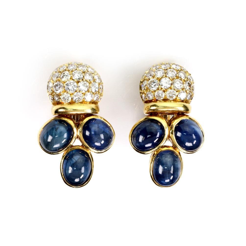 Giovani 16.50ct Diamond Sapphire 18k Yellow Gold Earrings: Giovani 16.50ct Diamond Sapphire 18k Yellow Gold Earrings This stunning pair of estate earrings features a luxurious design crafted from 18k yellow gold with a polished finish. Each earring showcases