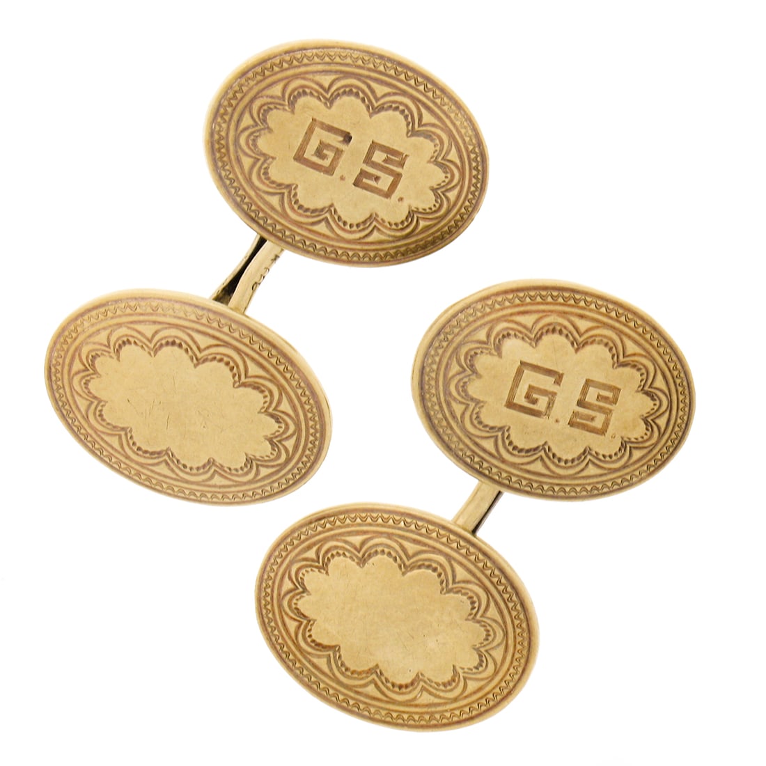 Antique 14k Yellow Gold Reversible Oval Cuff Links Hand Engraved 1920s: Antique 14k Yellow Gold Reversible Oval Cuff Links Hand Engraved 1920s These exquisite antique cuff links are crafted from solid 14k yellow gold and were made during the 1920s. The cuff links feature