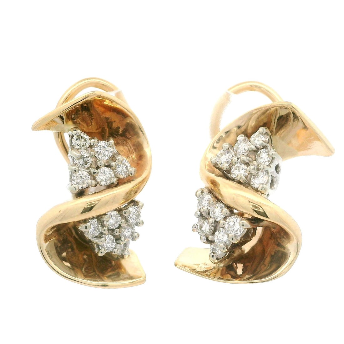 Elegant 0.80ctw Diamond Cluster Omega Earrings in Yellow Gold: Elegant 0.80ctw Diamond Cluster Omega Earrings in Yellow Gold Elevate your elegance with these stunning Omega Earrings, featuring a captivating swirl cluster design. Crafted from solid 13-14k yellow g