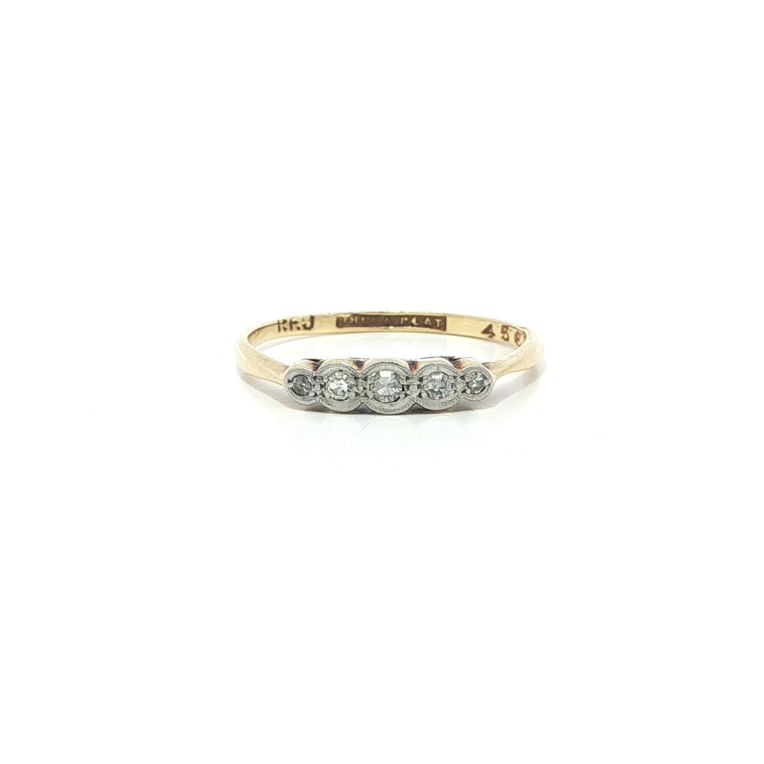 Antique Edwardian 18k Gold Platinum Diamond 5 Stone Band Ring: Antique Edwardian 18k Gold Platinum Diamond 5 Stone Band Ring This exquisite Antique Edwardian band ring showcases a stunning design featuring five natural genuine diamonds, each with an old single cu