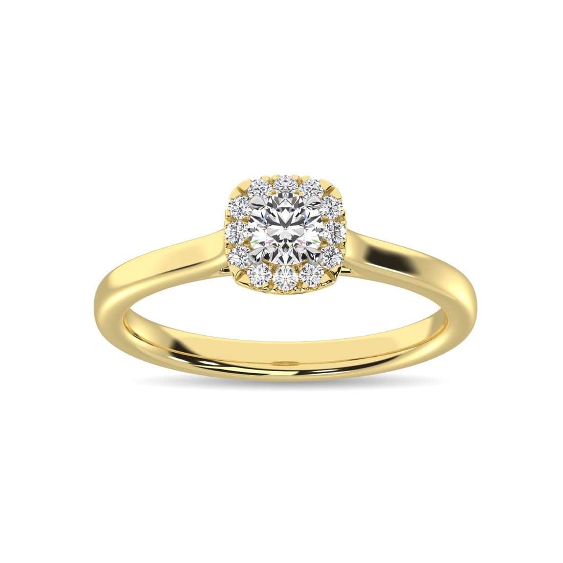 Diamond 3/8 Ct.Tw. Round Cushion Center Halo Engagement Ring in 10K Yellow Gold: Diamond 3/8 Ct.Tw. Round Cushion Center Halo Engagement Ring in 10K Yellow Gold 10k Yellow Gold Stone Color: G-h Stone Clarity: I1 Each ring is presented in standard size 6.5. Complimentary resizing i