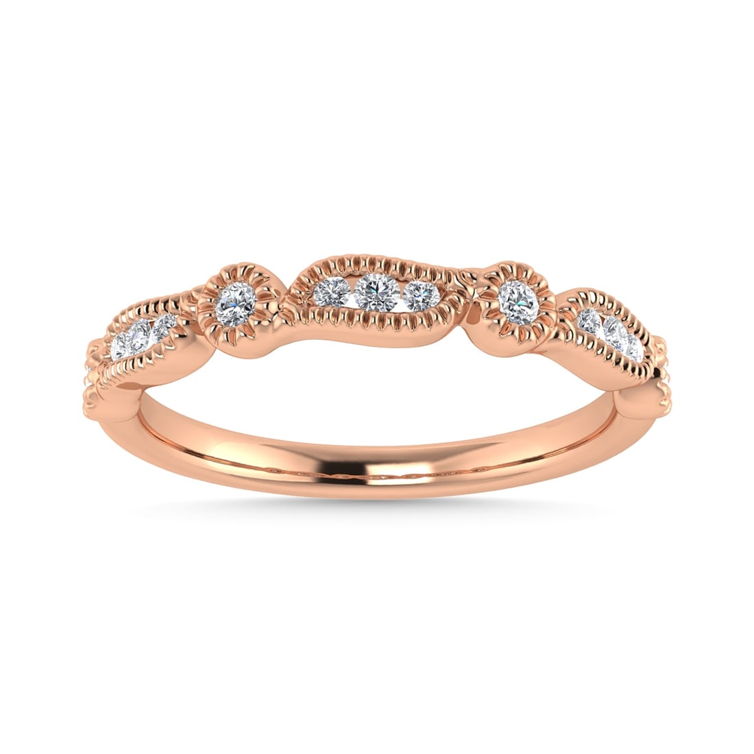 Diamond 1/6 Ct.Tw. Stackable Band in 14K Rose Gold: Diamond 1/6 Ct.Tw. Stackable Band in 14K Rose Gold 14k Rose Gold Stone Color: G-h Stone Clarity: I1 Each ring is presented in standard size 6.5. Complimentary resizing is available between sizes 510 (
