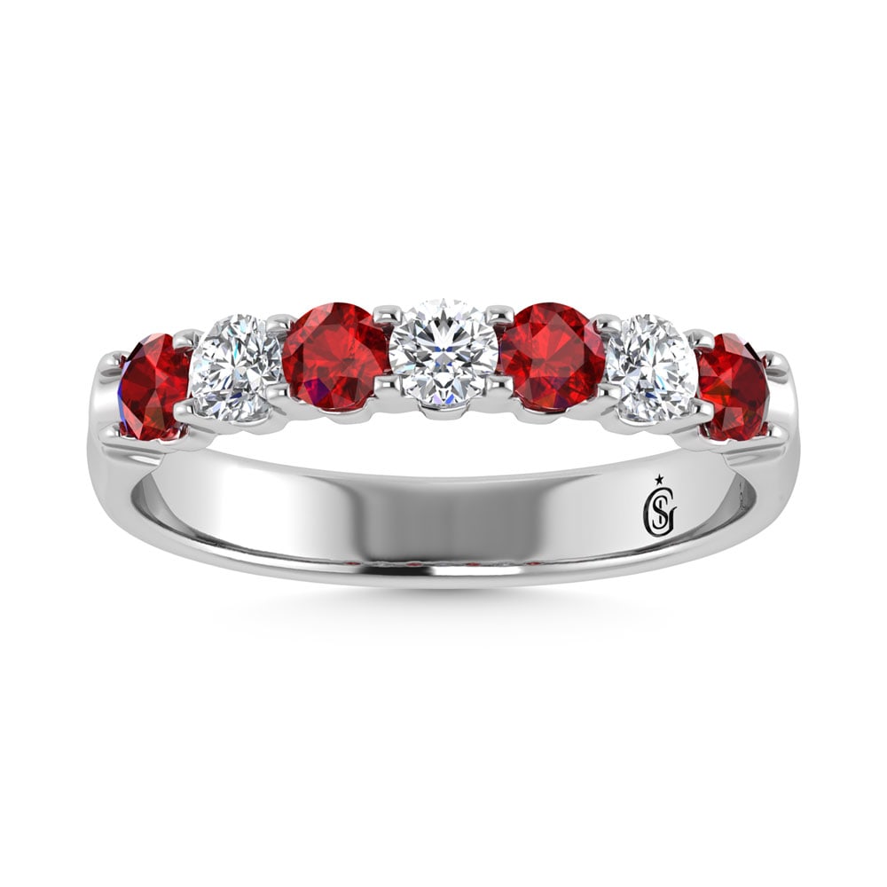 14K White Gold Machine Set Alternate Ruby and Diamond 7/8 Ct.Tw. Band: 14K White Gold Machine Set Alternate Ruby and Diamond 7/8 Ct.Tw. Band 14k White Gold Stone Color: G-h Stone Clarity: I2 Each ring is presented in standard size 6.5. Complimentary resizing is available