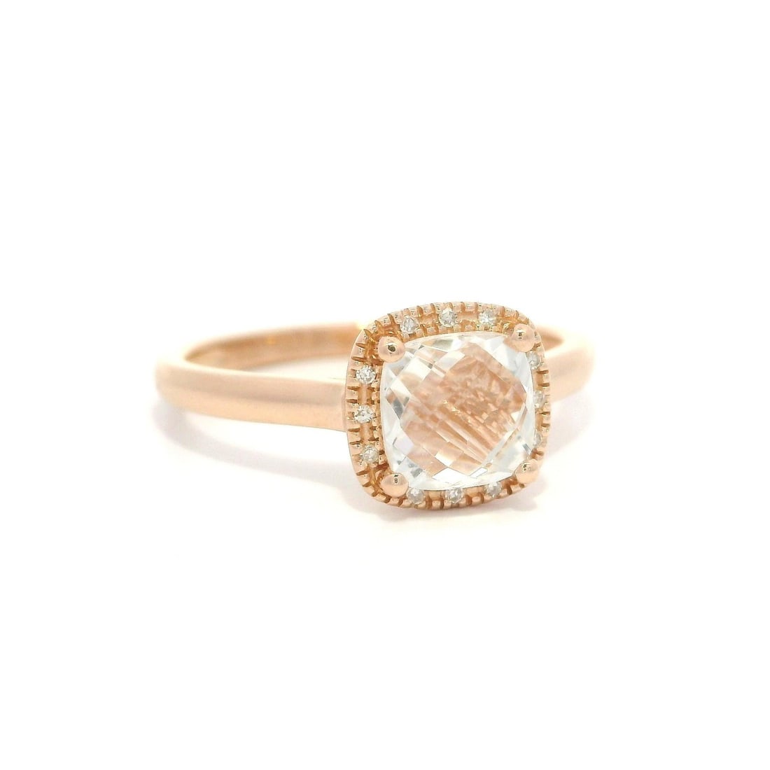 Dainty 14k Rose Gold Checkerboard Quartz and Diamond Accent Ring: Dainty 14k Rose Gold Checkerboard Quartz and Diamond Accent Ring This exquisite cocktail ring features a stunning natural checkerboard cushion cut quartz stone, elegantly prong set in solid 14k rose g