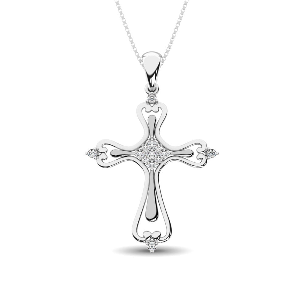 14K White Gold 1/8 Ct.Tw. Diamond Cross Pendant: 14K White Gold 1/8 Ct.Tw. Diamond Cross Pendant This stunning pendant is available in 14K White Gold. There are 13 round diamonds with a total carat weight of 1/8 Ct.Tw. set in a Prong/Shared Prong se