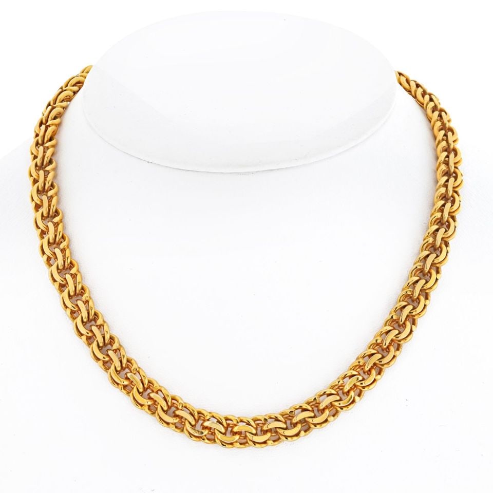 Vintage Cartier 18K Yellow Gold Byzantine Necklace 16 inches: Vintage Cartier 18K Yellow Gold Byzantine Necklace 16 inches Discover the exquisite craftsmanship of this vintage Cartier 18K Yellow Gold Byzantine Necklace. Measuring 16 inches in length and 0.25 inc