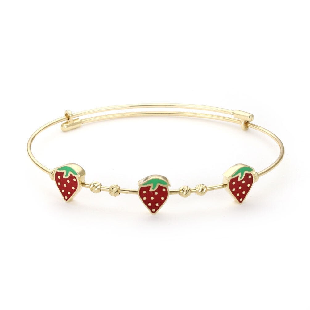 Expandable Baby Bangle Bracelet with Enamel Strawberry in 14k Yellow Gold: Expandable Baby Bangle Bracelet with Enamel Strawberry in 14k Yellow Gold This vintage baby bangle bracelet features a vibrant enamel strawberry charm set in 14k yellow gold. The expandable design ens