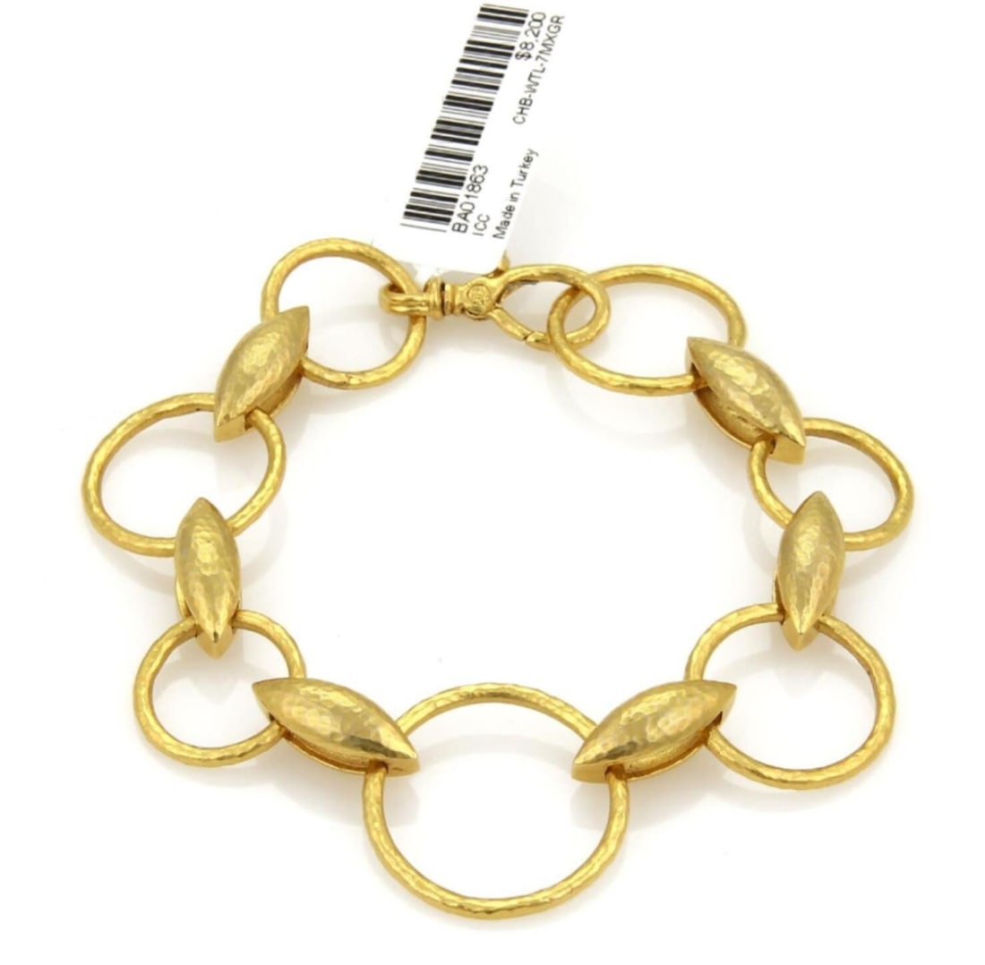Wheatla 24k Gold Bracelet with Circle and Wheat Links by Gurhan: Wheatla 24k Gold Bracelet with Circle and Wheat Links by Gurhan This Gurhan Wheatla bracelet features an intricate design of assorted circle and wheat links crafted in 24k gold. The piece measures 7.5