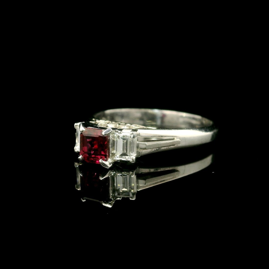 Platinum 0.92ct Square Ruby Ring with Baguette Diamonds - 12