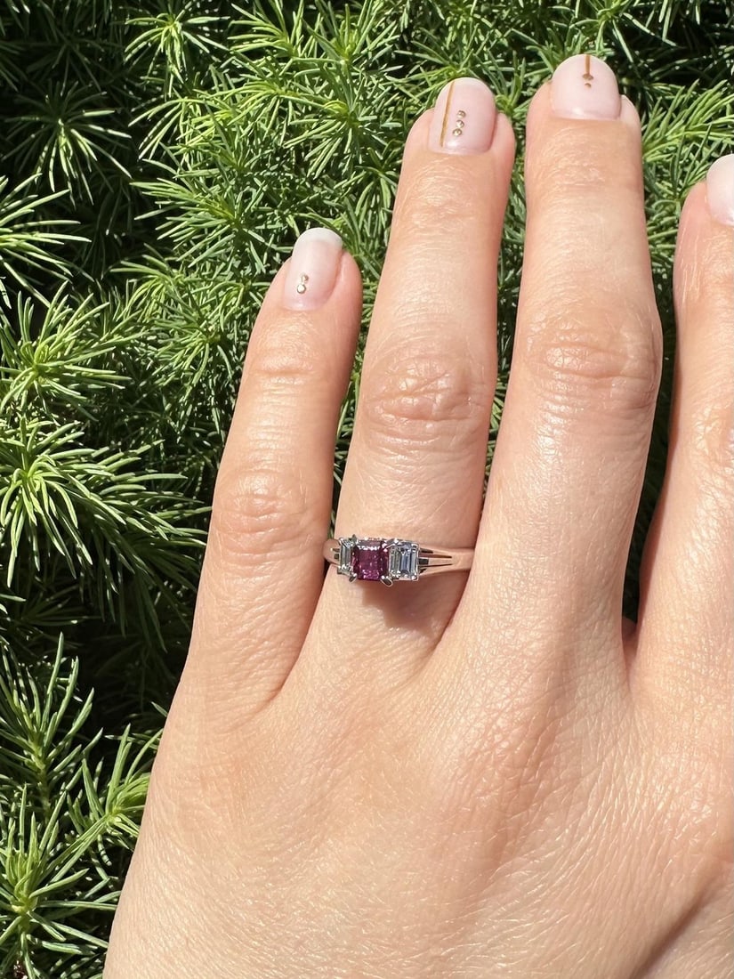 Platinum 0.92ct Square Ruby Ring with Baguette Diamonds - 15