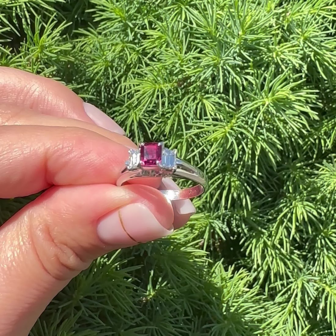 Platinum 0.92ct Square Ruby Ring with Baguette Diamonds - 2