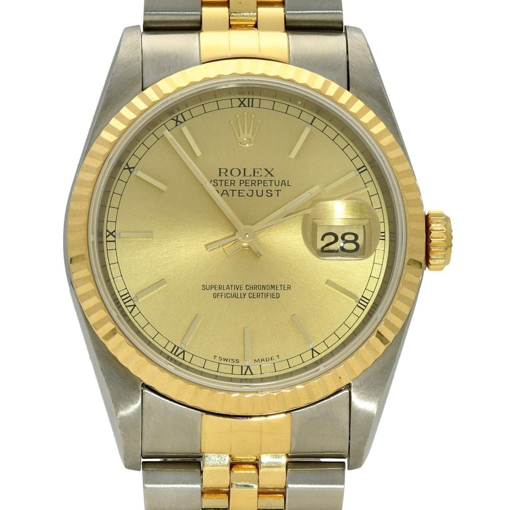 Champagne Stick Dial Datejust 36 Ref 16233 Jubilee Bracelet with Papers: Champagne Stick Dial Datejust 36 Ref 16233 Jubilee Bracelet with Papers This Rolex Datejust 36 features a champagne stick dial, fluted bezel, and Jubilee bracelet. The watch comes in the 36mm size and