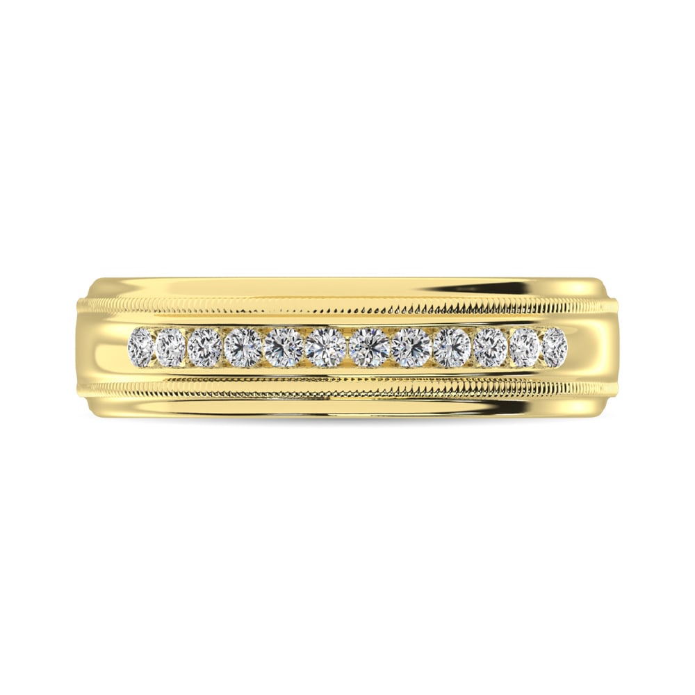 14K Yellow Gold 1/2 Ct.Tw. Diamond Mens Machine Band: 14K Yellow Gold 1/2 Ct.Tw. Diamond Mens Machine Band This beautiful Men?s Machine Band is available in 14K Yellow Gold. There are 12 round diamonds with a total carat weight of 1/2 Ct.Tw. set in a mac