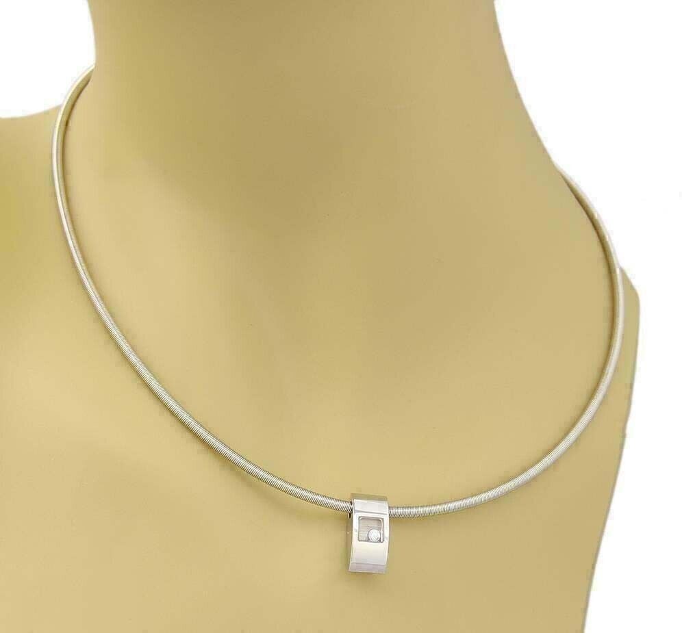 Happy Diamond Necklace with Slide Pendant in 18k White Gold by Chopard: Happy Diamond Necklace with Slide Pendant in 18k White Gold by Chopard This Chopard Happy Diamond Slide Pendant Necklace is crafted from 18k white gold in a choker style. The necklace features a round