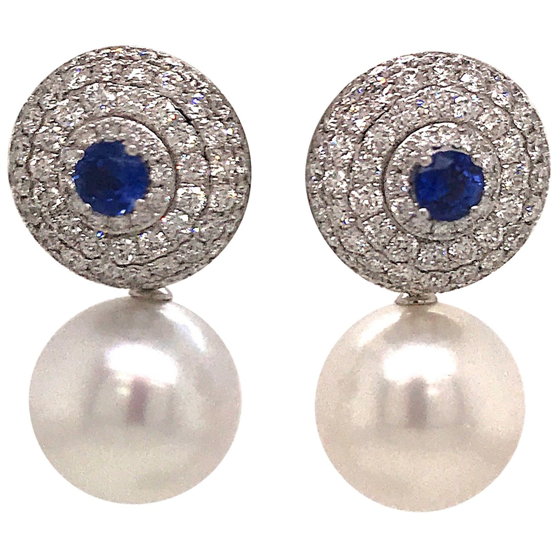 Harbor Diamonds 18K White Gold Diamond Sapphire Pearl Earrings 4.70 Carats: Harbor Diamonds 18K White Gold Diamond Sapphire Pearl Earrings 4.70 Carats These exquisite Day & Night earrings are crafted in 18K white gold and feature a stunning combination of diamonds, sapphires,