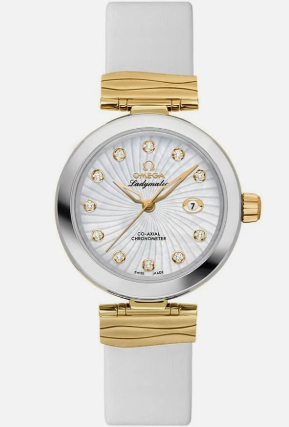 Omega De Ville Ladymatic Diamond Mother of Pearl Dial Ladies Watch on Leather: Omega De Ville Ladymatic Diamond Mother of Pearl Dial Ladies Watch on Leather This Omega De Ville Ladymatic watch features a Supernova patterned white mother of pearl dial adorned with diamonds. It is