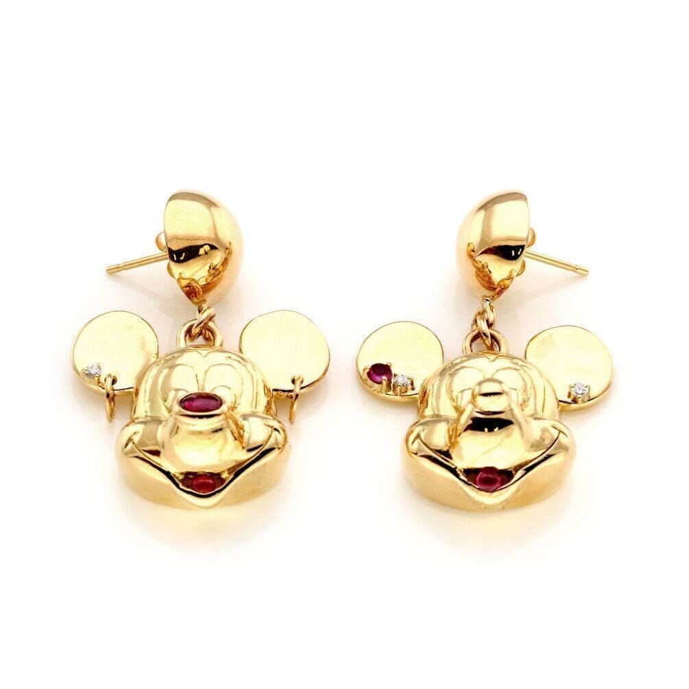 Vintage 18k Gold Drop Earrings With Mickey Minnie Mouse Diamonds And Rubies: Vintage 18k Gold Drop Earrings With Mickey Minnie Mouse Diamonds And Rubies These vintage dangle drop earrings feature Mickey and Minnie Mouse designs crafted in 18k yellow gold. Each earring showcase