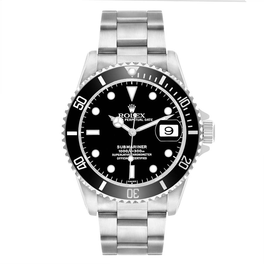 1998 Oyster Bracelet Submariner Watch Ref 16610 with Documentation: 1998 Oyster Bracelet Submariner Watch Ref 16610 with Documentation This is a Rolex Submariner watch featuring a black dial and aluminum bezel, presented on an Oyster bracelet. The timepiece comes with