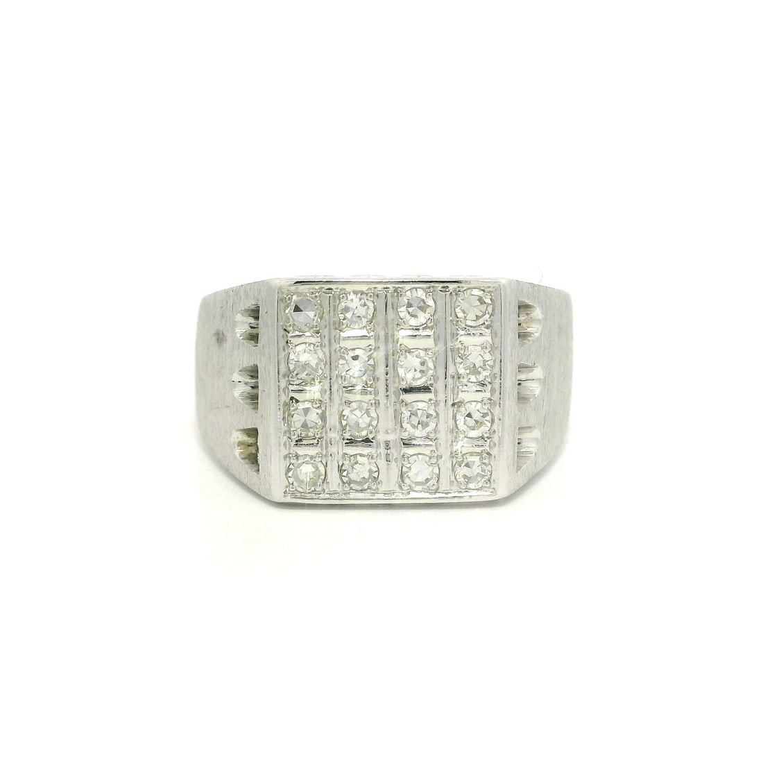 Men's 18k White Gold Square Band Ring with 0.24ctw Diamonds: Men's 18k White Gold Square Band Ring with 0.24ctw Diamonds This striking Men's Mid Century band ring is crafted from solid 18k white gold and features a brushed finish for a contemporary look. Adorne
