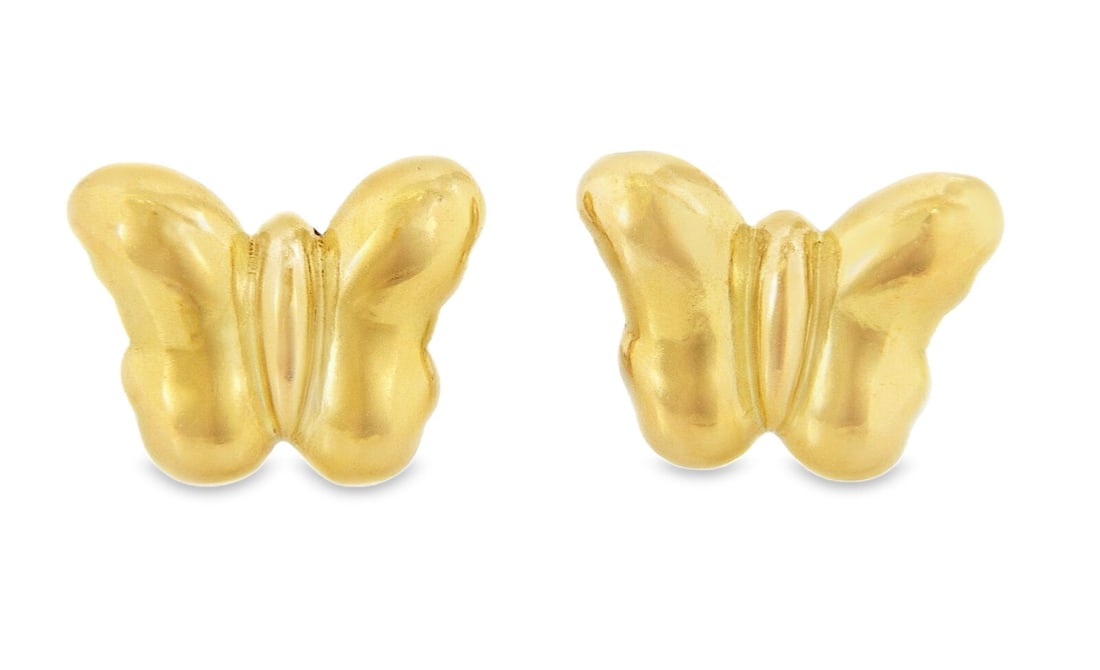 18k Yellow Gold Clip On Butterfly Huggie Earrings by Kieselstein Cord: 18k Yellow Gold Clip On Butterfly Huggie Earrings by Kieselstein Cord These vintage huggie earrings by Kieselstein Cord feature a distinctive butterfly design crafted in 18k yellow gold. Designed as c