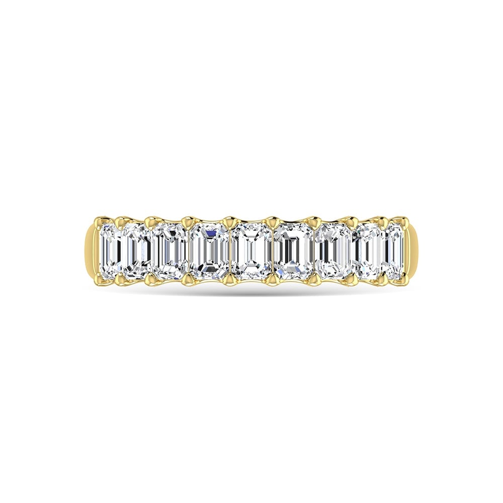 18K Yellow Gold 3 3/4 Ct.Tw. Emerald Shape Diamond Half Way Eternity Band: 18K Yellow Gold 3 3/4 Ct.Tw. Emerald Shape Diamond Half Way Eternity Band 18k Yellow Gold Stone Color: G-h Stone Clarity: Si Each ring is presented in standard size 6.5. Complimentary resizing is avai