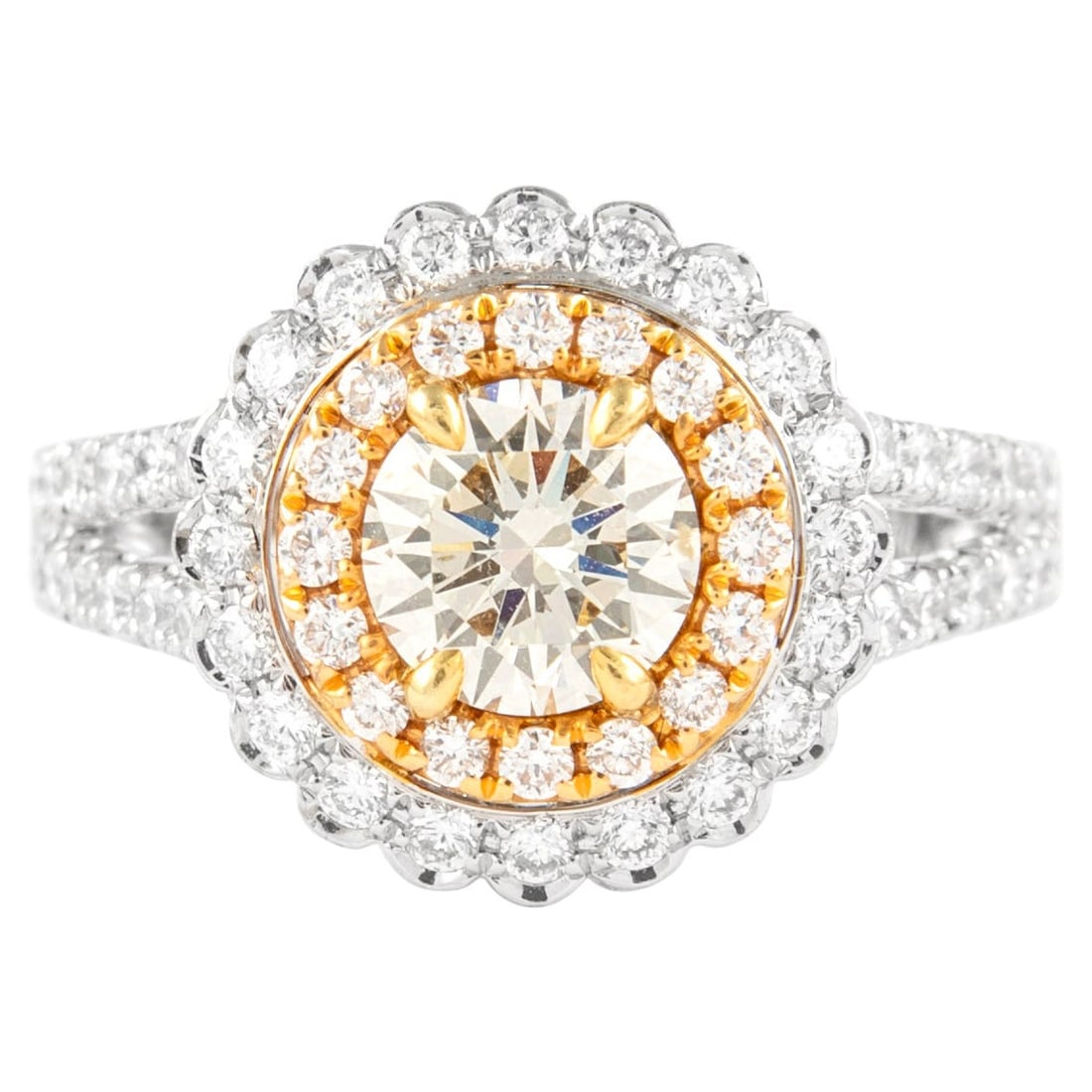 1.78ct Light Yellow Diamond Double Halo Ring 18k Gold EGL Certified: 1.78ct Light Yellow Diamond Double Halo Ring 18k Gold EGL Certified This stunning modern double halo ring features a 1.78-carat round light yellow diamond at its center, complemented by a total of 64