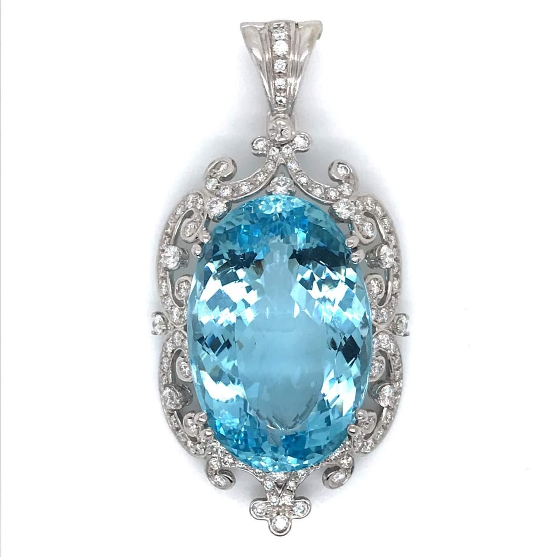 Prashnik 51.92 Ct Aquamarine Diamond Pendant 18K White Gold GIA Certified: Prashnik 51.92 Ct Aquamarine Diamond Pendant 18K White Gold GIA Certified This exquisite Prashnik Aquamarine and Diamond Pendant features a stunning center oval aquamarine weighing 51.92 ct, showcasin