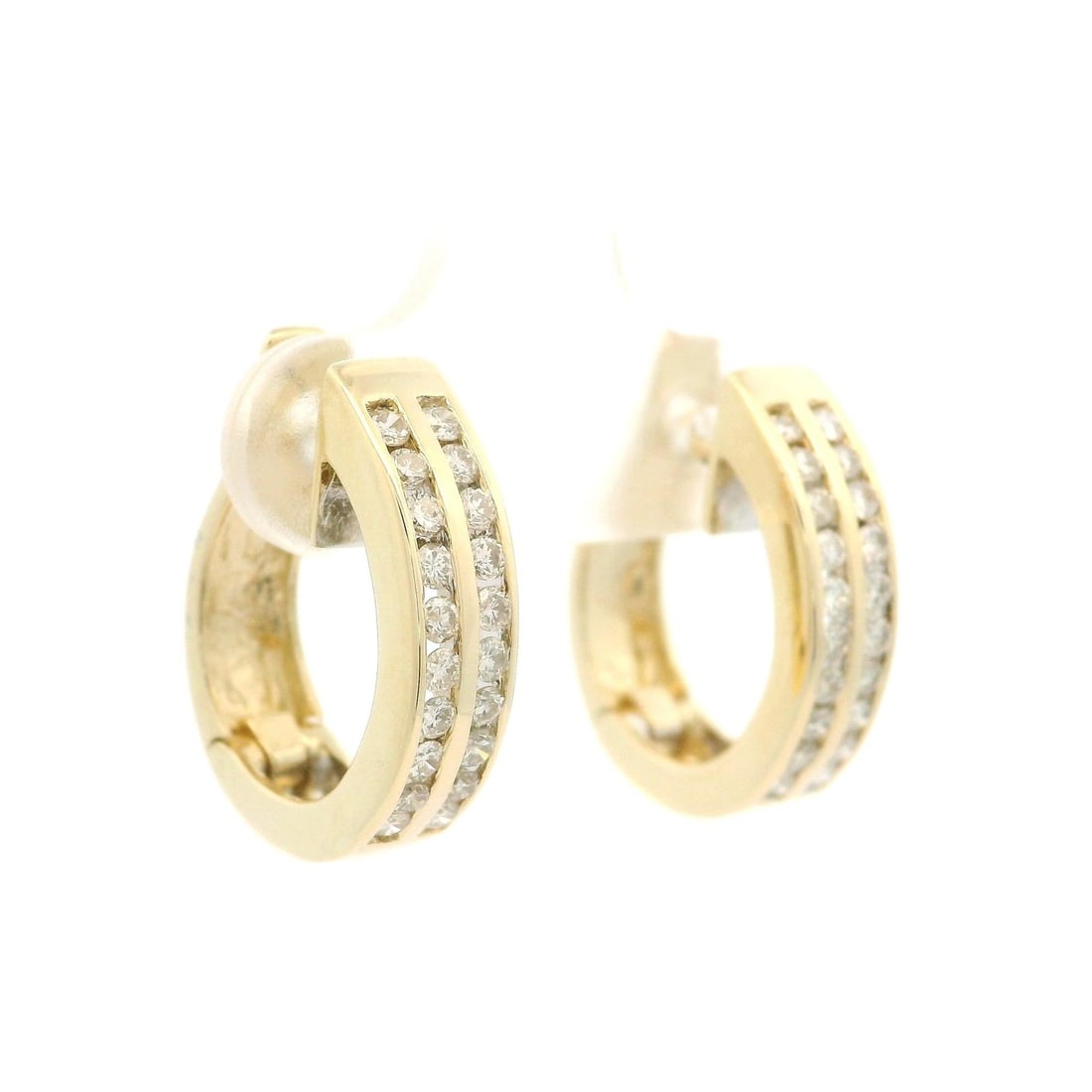 14K Yellow Gold Classic Huggie Hoop Earrings with 0.60ctw Diamonds: 14K Yellow Gold Classic Huggie Hoop Earrings with 0.60ctw Diamonds These stunning 14k Yellow Gold Huggie Hoop Earrings feature a classic two-row design adorned with 40 natural round brilliant cut diam