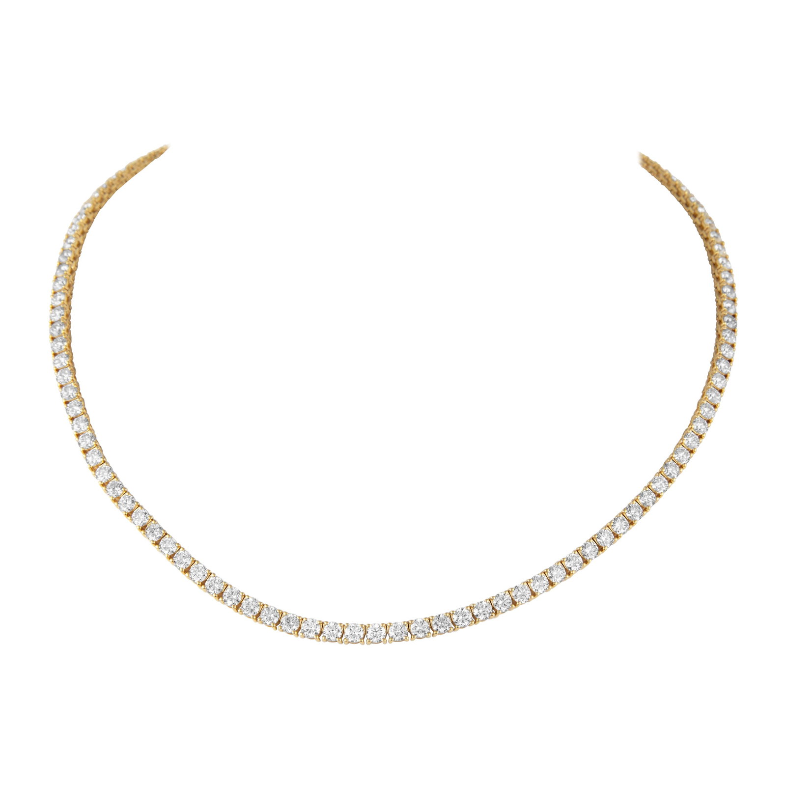 13.07ct Diamond Tennis Necklace 18k Yellow Gold Contemporary: 13.07ct Diamond Tennis Necklace 18k Yellow Gold Contemporary This stunning diamond tennis necklace features a total weight of 13.07 carats, showcasing 114 round brilliant diamonds with approximately I