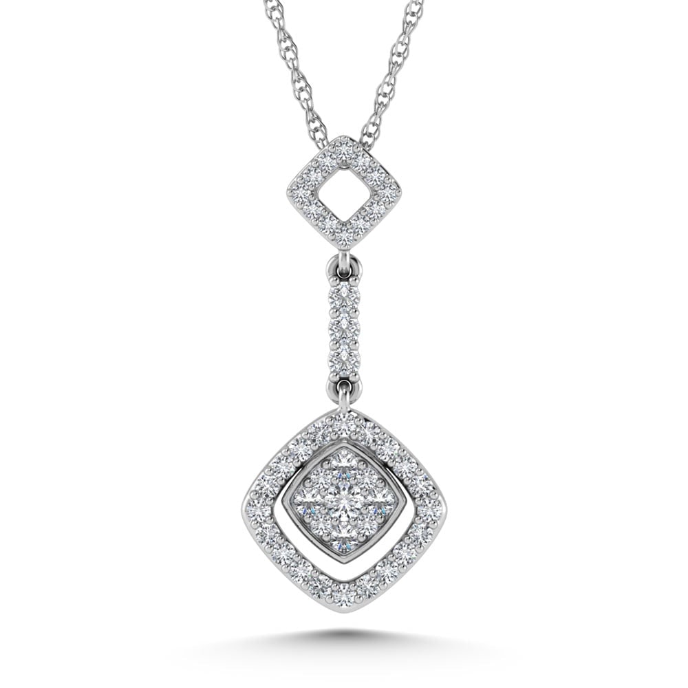 14K White Gold Diamond 1/4.Ct. Tw. Fashion Pendant: 14K White Gold Diamond 1/4.Ct. Tw. Fashion Pendant 14k White Gold Stone Color: G-h Stone Clarity: Si3 Unless otherwise specified, pendants that include a chain are paired with our standard 18-inch len