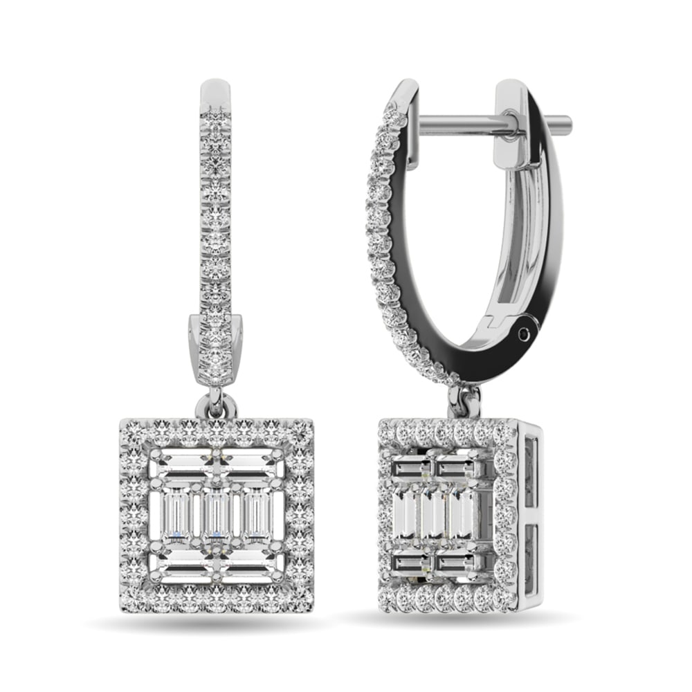 Diamond 1/2 Ct.Tw. Round and Baguette Fashion Earrings in 14K White Gold: Diamond 1/2 Ct.Tw. Round and Baguette Fashion Earrings in 14K White Gold 14k White Gold Stone Color: G-h Stone Clarity: I1 PLEASE NOTE: Framed, Large, or heavy items do not have shipping costs include