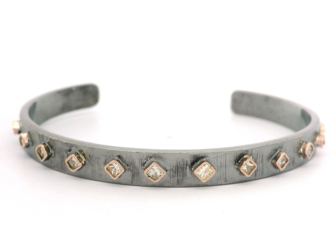 John Apel Diamond Textured 14K Rose Gold Silver Cuff Bracelet: John Apel Diamond Textured 14K Rose Gold Silver Cuff Bracelet Introducing the John Apel Arena Silver & 14k Gold Diamond Textured Stackable Open Cuff Bracelet, a stunning accessory that combines elegan
