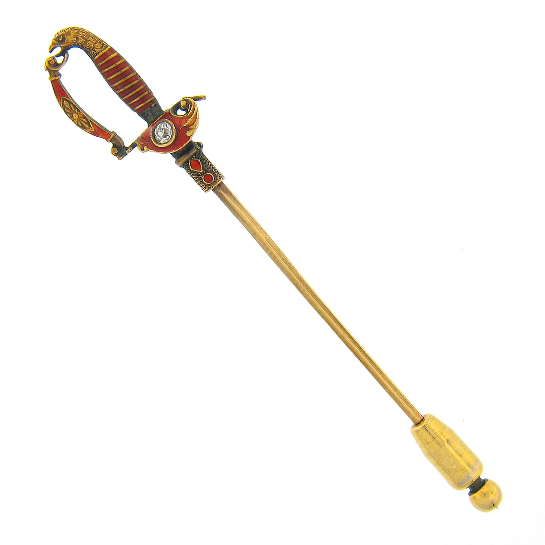 Victorian 14k Gold Diamond Falcon Sword Pin Brooch with Red Enamel Handle: Victorian 14k Gold Diamond Falcon Sword Pin Brooch with Red Enamel Handle This exquisite Antique Victorian pin brooch is crafted from solid 14k yellow gold and showcases a striking sword design with a