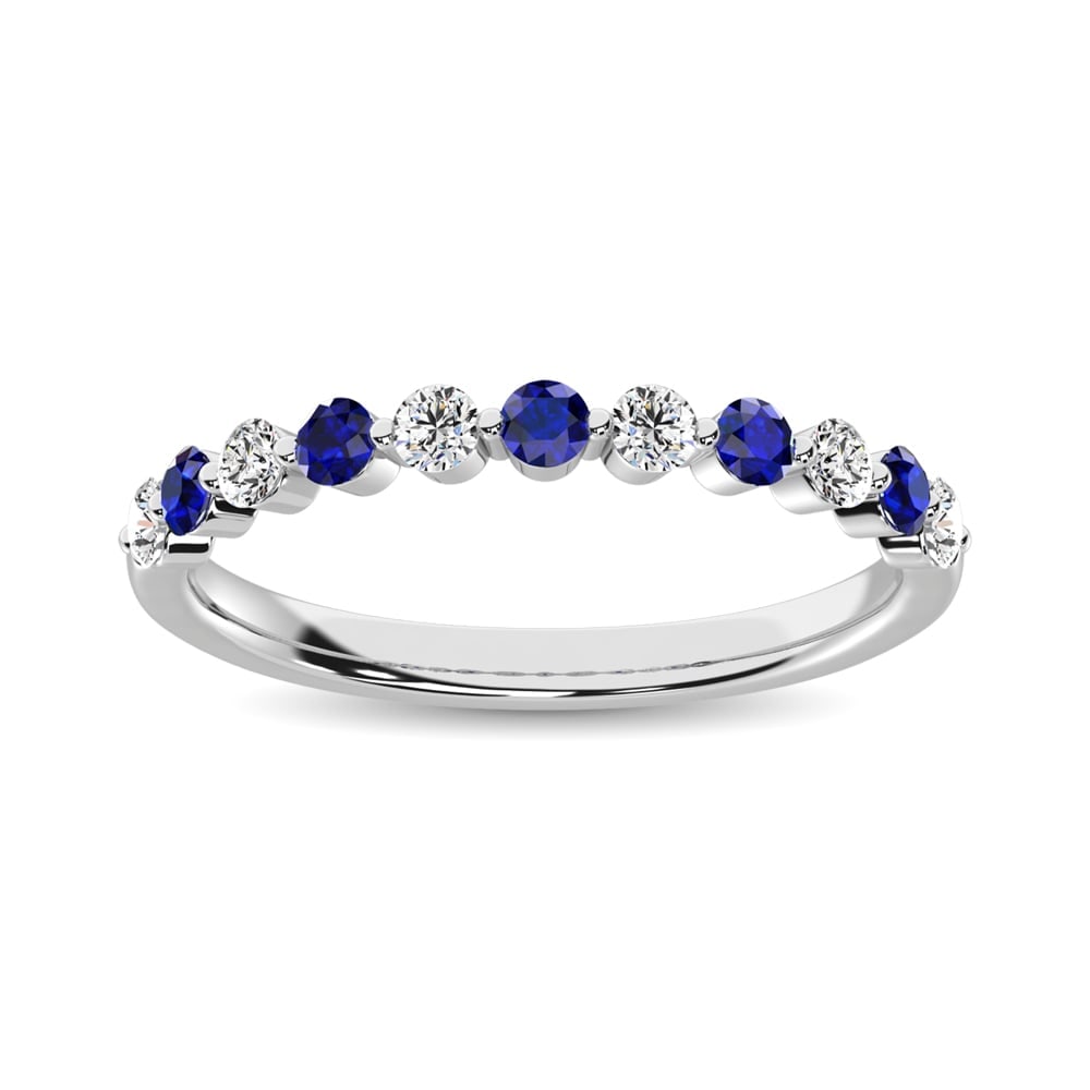 Diamond 7/8 Ct.Tw. And Blue Sapphire Stack Band in 14K White Gold ( 6 Diamond and 5 Blue Sapphire ): Diamond 7/8 Ct.Tw. And Blue Sapphire Stack Band in 14K White Gold ( 6 Diamond and 5 Blue Sapphire ) 14k White Gold Stone Color: G-h Stone Clarity: I1 Each ring is presented in standard size 6.5. Compl