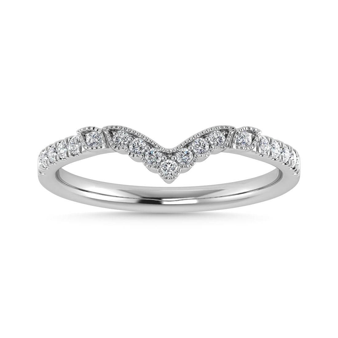 Diamond 1/5 Ct.Tw. Chevron Band in 14K White Gold: Diamond 1/5 Ct.Tw. Chevron Band in 14K White Gold 14k White Gold Stone Color: G-h Stone Clarity: Si2 Each ring is presented in standard size 6.5. Complimentary resizing is available between sizes 510