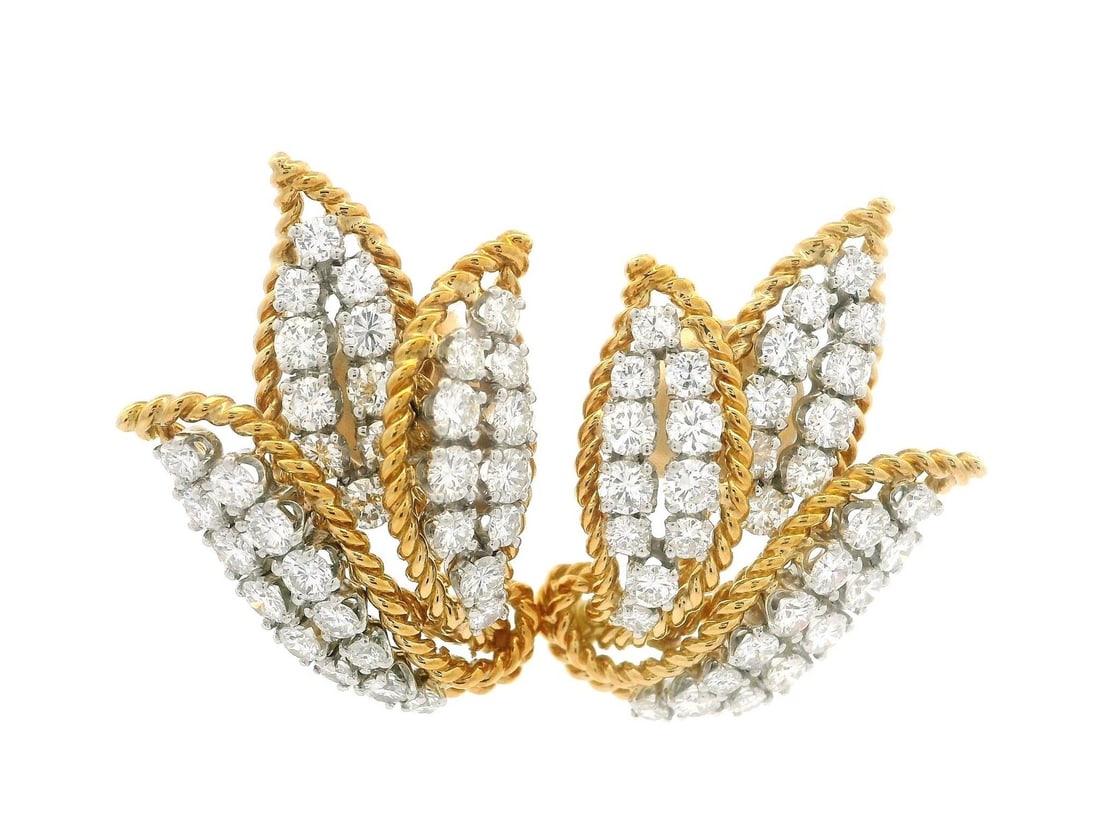 Vintage 18k Gold Platinum Diamond Flame Petal Earrings 3.15ctw: Vintage 18k Gold Platinum Diamond Flame Petal Earrings 3.15ctw These exquisite vintage earrings feature a stunning design crafted from 14K solid yellow gold, complemented by platinum baskets and 18k y