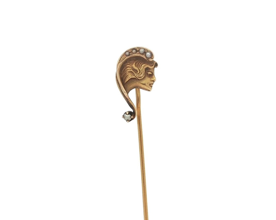 Antique Art Nouveau 14k Yellow Gold Lady Nymph Stick Pin with Seed Pearls: Antique Art Nouveau 14k Yellow Gold Lady Nymph Stick Pin with Seed Pearls This exquisite Antique Art Nouveau stick pin showcases a delicate lady nymph design, crafted in solid 14k yellow gold. The pin