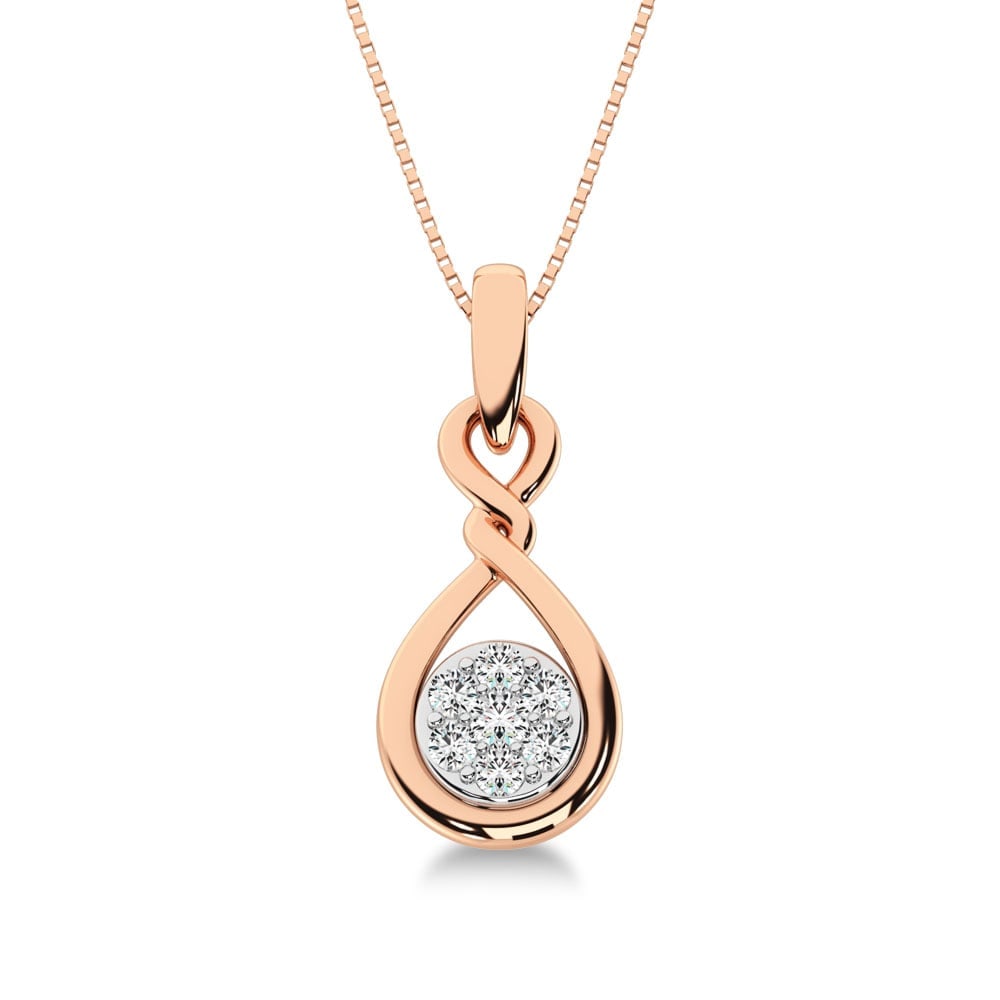 10K Rose Gold 1/4 Ct.Tw. Infinity Pendant: 10K Rose Gold 1/4 Ct.Tw. Infinity Pendant This amazing pendant is available in 10K rose Gold. There are 7 round diamonds with a total carat weight of 1/4 Ct.Tw. set in a Shared Prong setting. 10k Rose