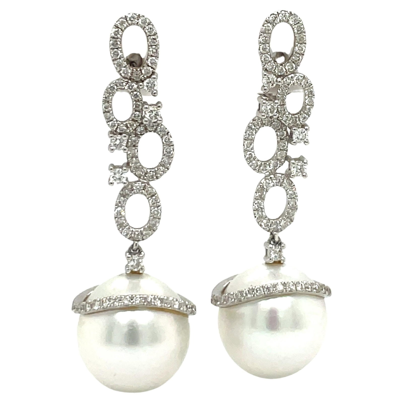 Harbor Diamonds 18K White Gold South Sea Pearl Diamond Drop Earrings 0.97ct: Harbor Diamonds 18K White Gold South Sea Pearl Diamond Drop Earrings 0.97ct These exquisite drop earrings are crafted from 18 karat white gold and showcase a stunning design. Featuring 144 round brill