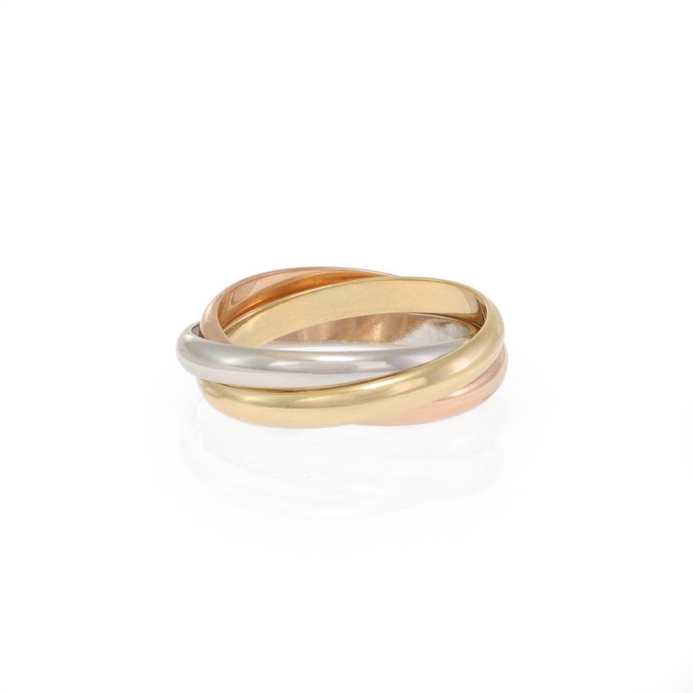Cartier Trinity 18k Gold Tricolor Rolling Band Ring Size 12.5: Cartier Trinity 18k Gold Tricolor Rolling Band Ring Size 12.5 This exquisite Cartier band ring is part of the iconic Trinity Collection, showcasing a harmonious blend of 18k pink, white, and yellow go