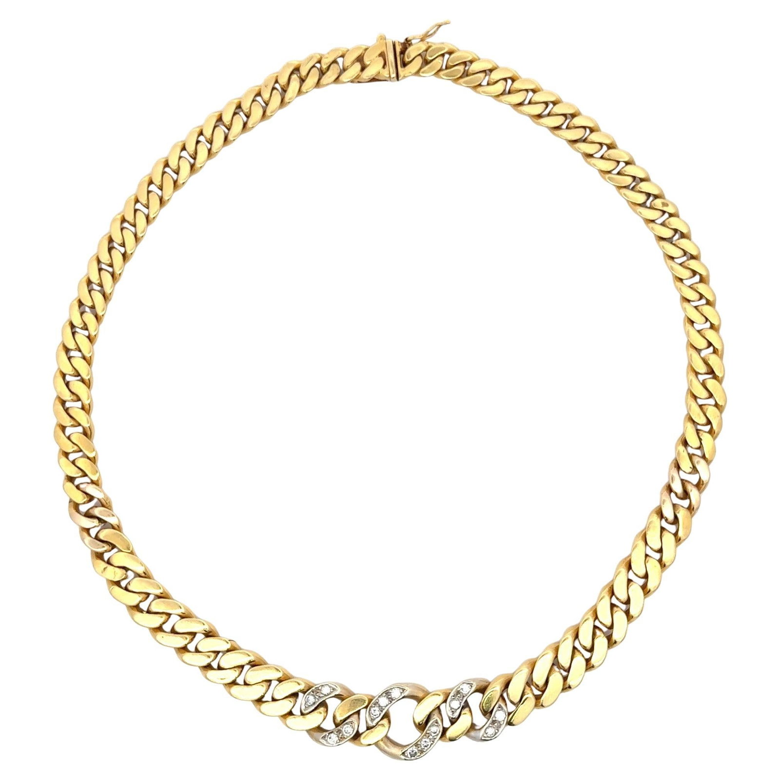 Harbor Diamonds 18K Yellow Gold Diamond Cuban Link Choker Necklace: Harbor Diamonds 18K Yellow Gold Diamond Cuban Link Choker Necklace This exquisite choker necklace showcases a stunning graduated Cuban link design crafted from 18 karat yellow gold. Adorned with 14 ro