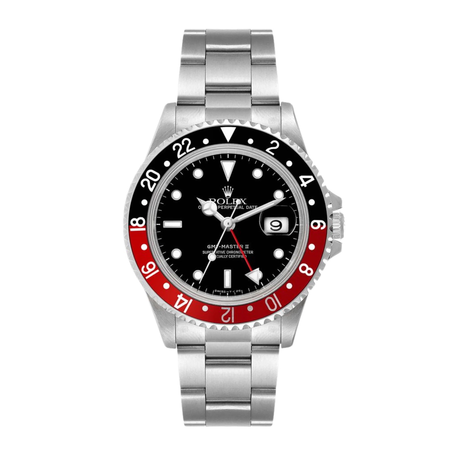 1996 Rolex 16710 Oyster Bracelet GMT-Master II Coke Black Dial Watch with Papers: 1996 Rolex 16710 Oyster Bracelet GMT-Master II Coke Black Dial Watch with Papers This Rolex GMT-Master II Coke features a black dial and a distinctive aluminum bezel, presented on an Oyster bracelet.