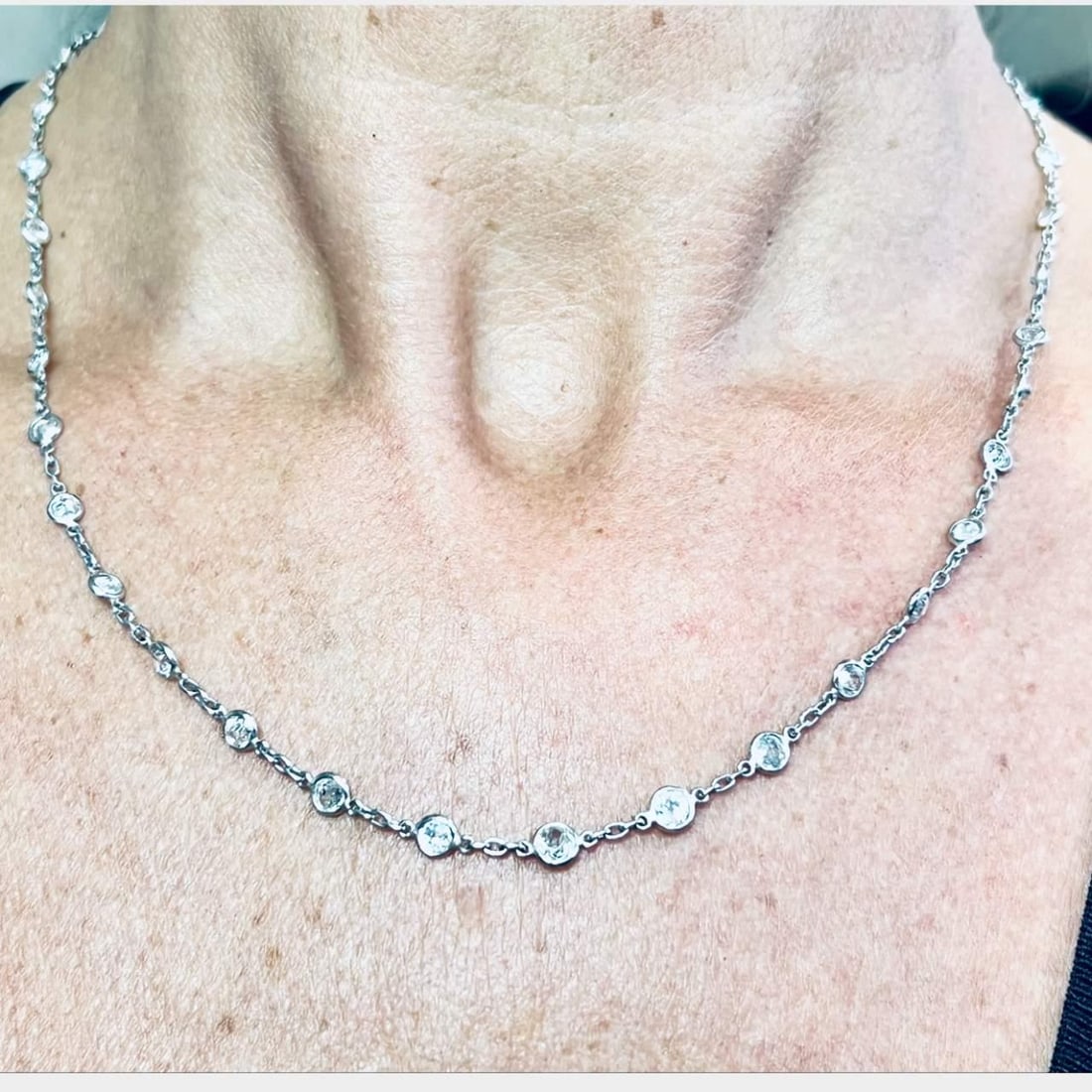 Diamond by the Yard Platinum Necklace with 7.90 Carats Old Mine Cut: Diamond by the Yard Platinum Necklace with 7.90 Carats Old Mine Cut This Platinum Diamond by the Yard Necklace features 82 Old Mine diamonds totaling approximately 7.90 carats, with E-F color and VS1-