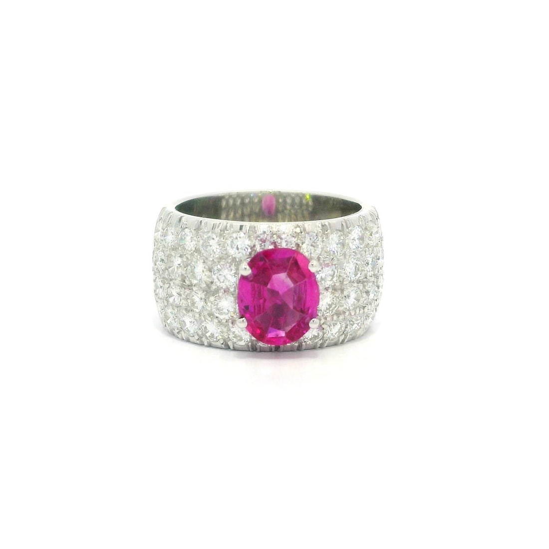 Vintage Platinum GIA 2.14ct Burma Pink Sapphire Diamond Band Ring: Vintage Platinum GIA 2.14ct Burma Pink Sapphire Diamond Band Ring This exquisite vintage wide band ring is crafted in solid platinum and features a stunning natural oval-cut pink sapphire sourced from