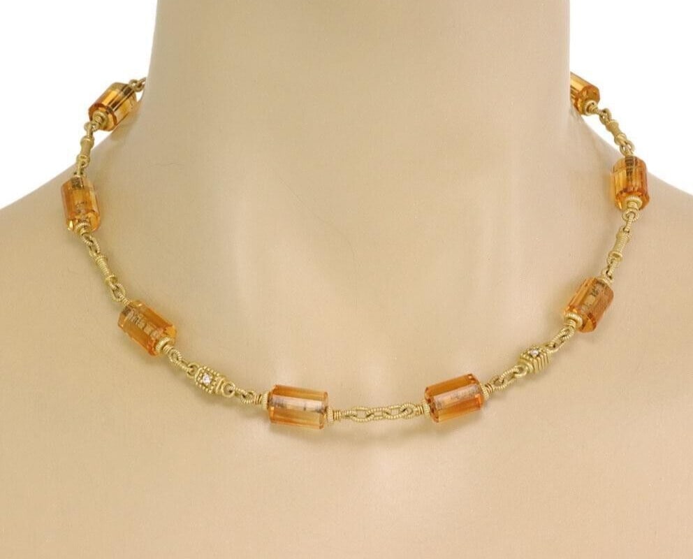 Judith Ripka 18k Gold Necklace with Citrine Beads and Diamonds: Judith Ripka 18k Gold Necklace with Citrine Beads and Diamonds This exquisite necklace by Judith Ripka is a stunning piece of jewelry crafted from 18k yellow gold. It features 10 translucent citrine b