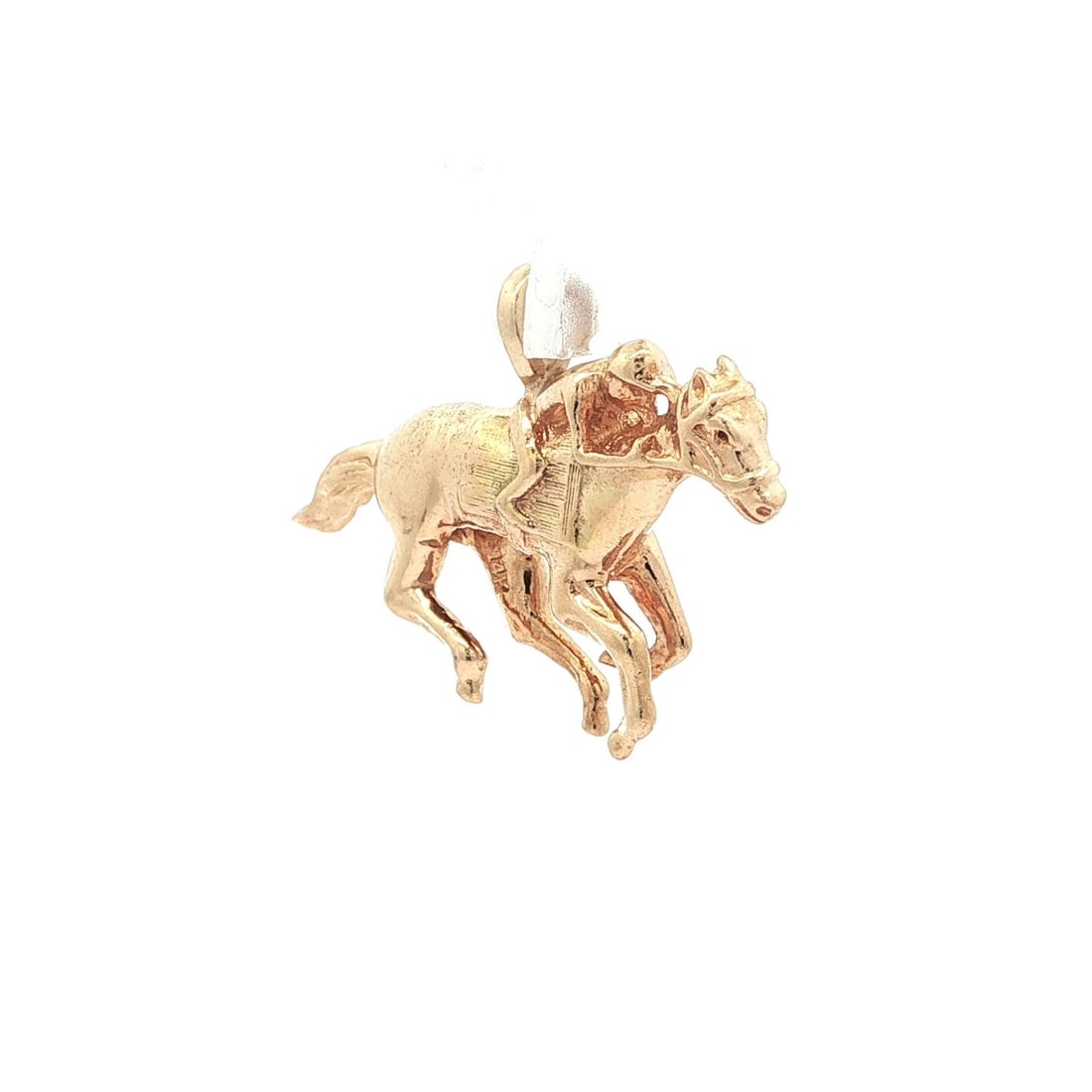 Vintage 14k Yellow Gold Galloping Horse Jockey Charm Pendant: Vintage 14k Yellow Gold Galloping Horse Jockey Charm Pendant This vintage collectible charm pendant features a beautifully crafted galloping horse and jockey design, made from solid 14k yellow gold. W