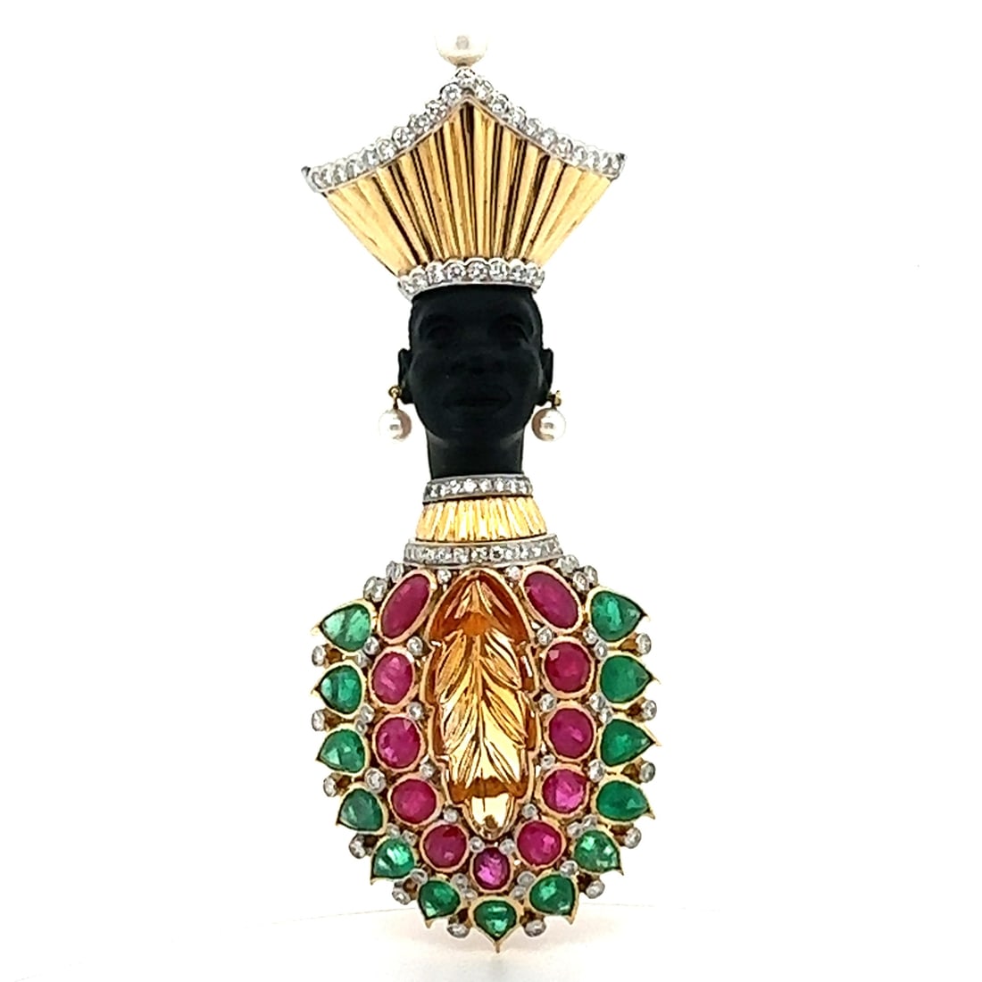 Demner 18K Gold Blackamoor King Brooch with Emeralds Rubies Diamonds: Demner 18K Gold Blackamoor King Brooch with Emeralds Rubies Diamonds This exquisite Demner 18k Gold Blackamoor King Brooch showcases a stunning blend of vibrant gemstones and intricate craftsmanship.