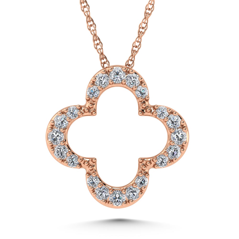 14K Rose Gold Diamond 1/8.Ct. Tw. Four Leaf Clover Pendant: 14K Rose Gold Diamond 1/8.Ct. Tw. Four Leaf Clover Pendant 14k Rose Gold Stone Color: G-h Stone Clarity: Si3 Unless otherwise specified, pendants that include a chain are paired with our standard 18-i